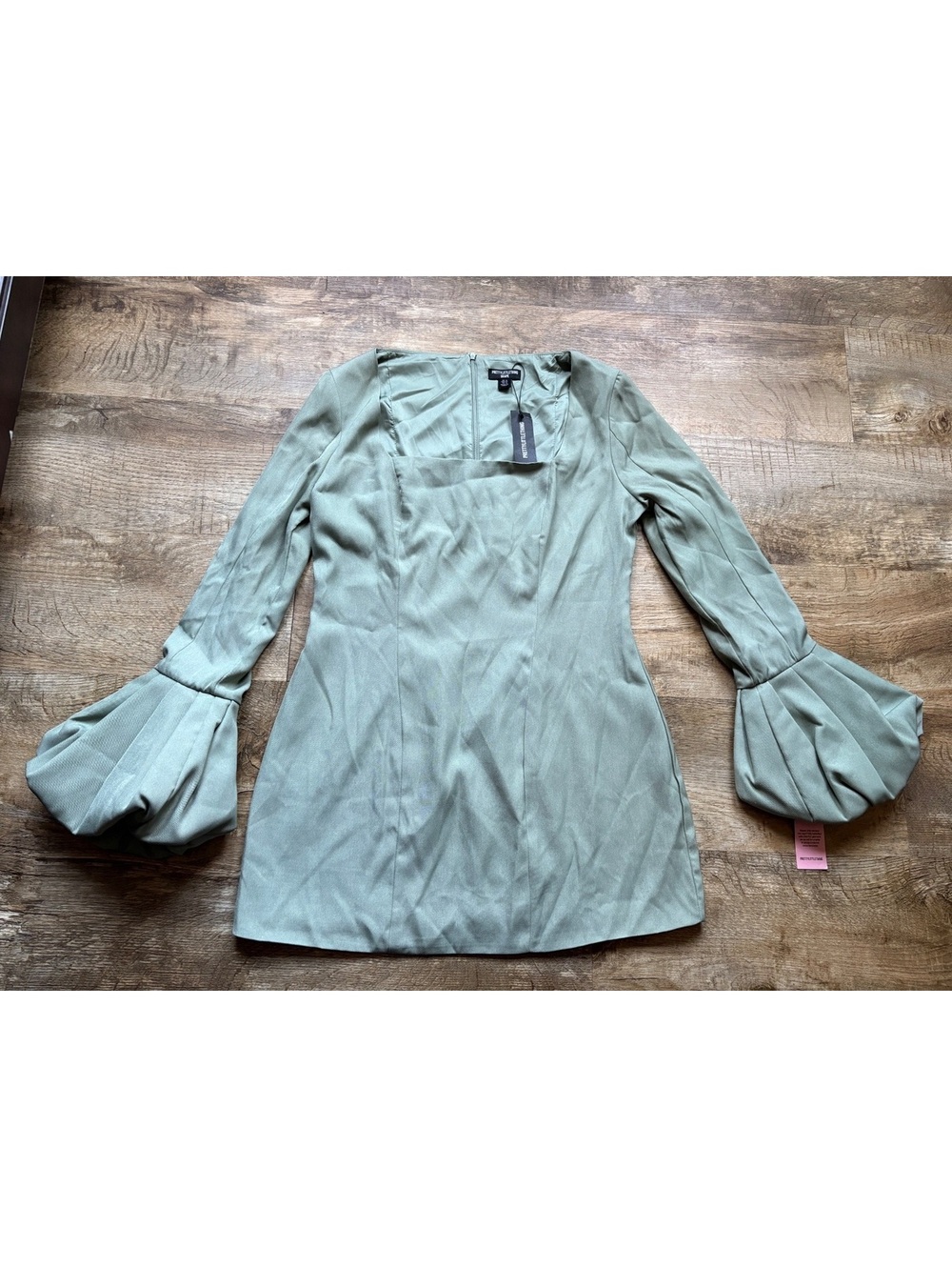 PrettyLittleThing Shape Olive Green Mini Dress Puffball Sleeves 16